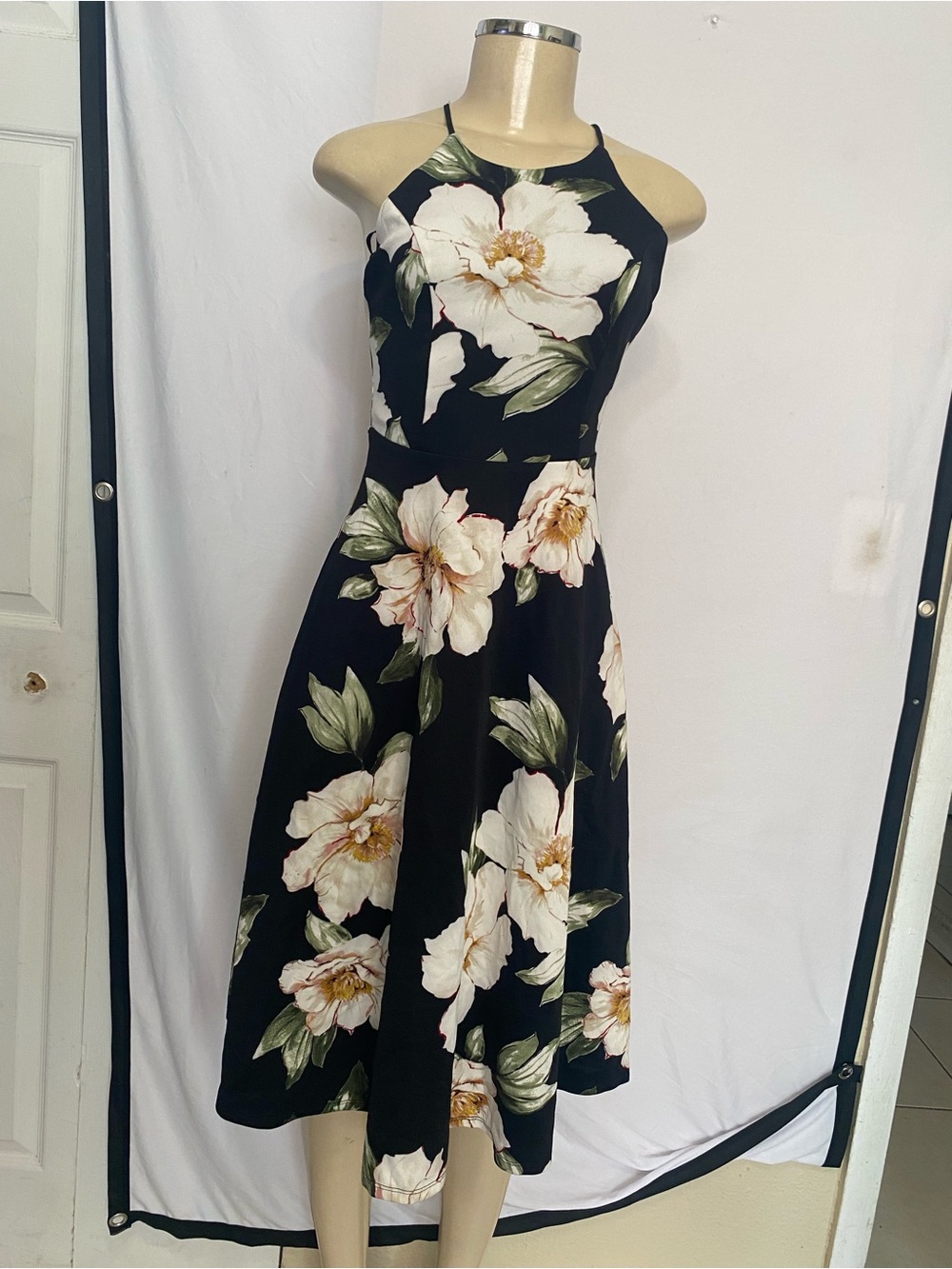 Black Floral Halter Midi Dress with White Bloom Print